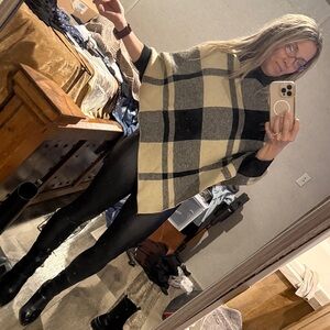 SHEIN Black and Cream Plaid Poncho Sweater